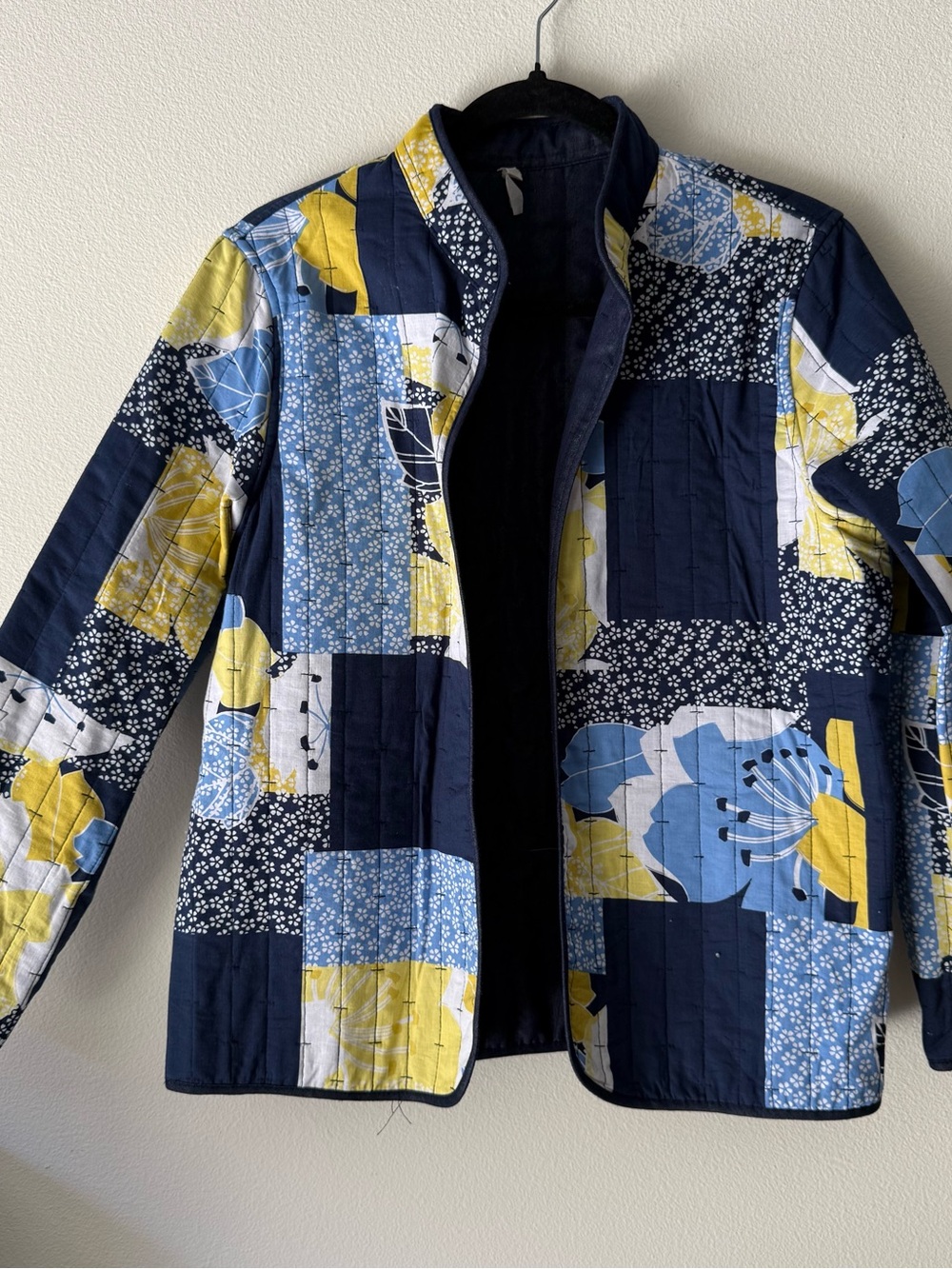 Alfred Dunner Navy Blue, Light Blue & Yellow Patchwork Quilted Jacket